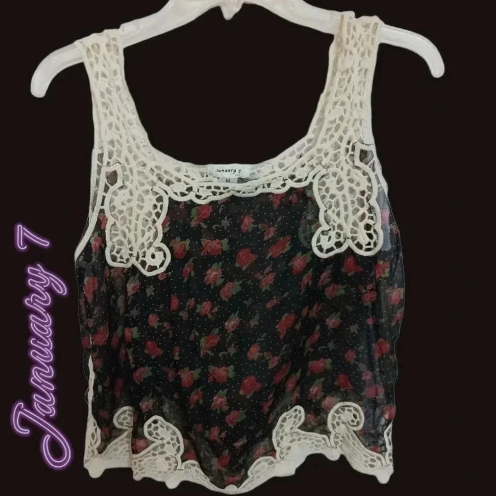 January 7 sheer floral crochet lace top size M